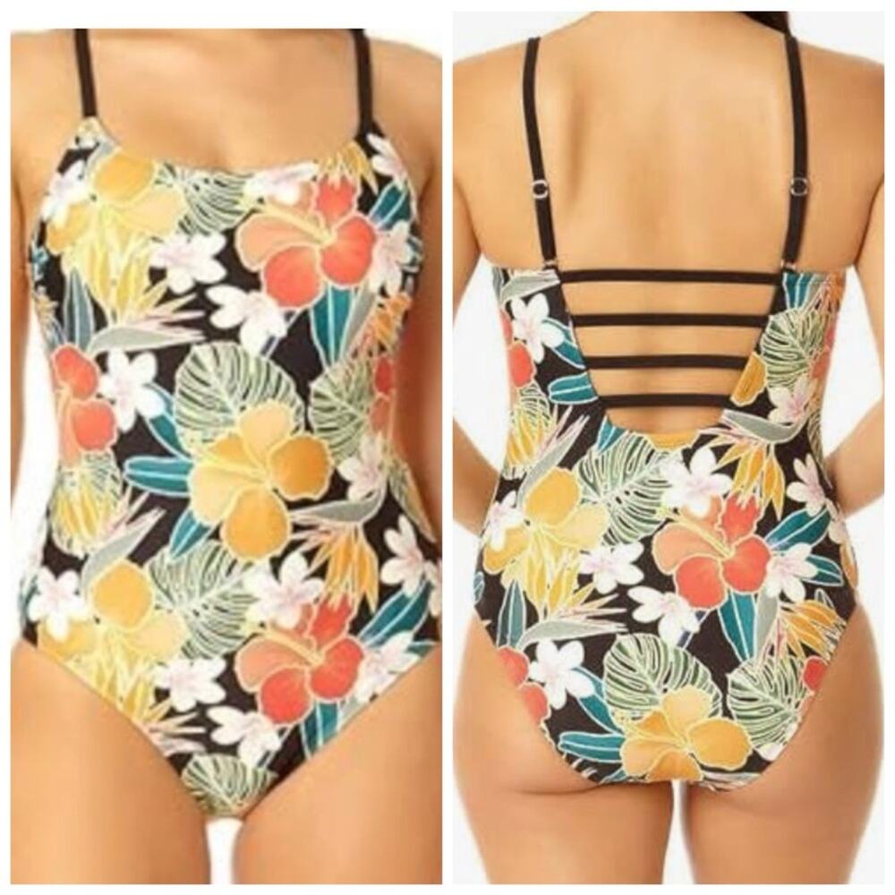 Hurley One Piece Swimsuit Size L Caribbean Dreamin Tropical Floral Strappy Back